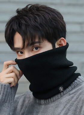 围脖男士潮护颈保暖脖套针织毛线围巾女秋冬加绒加厚红色黑色防风