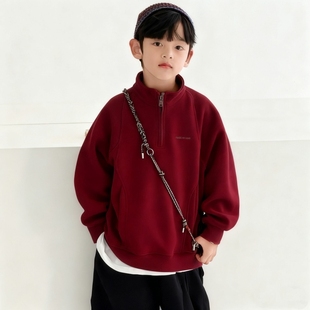 2026休闲男童半拉链卫衣加绒加厚中大童秋冬保暖宽松套头上衣内胆