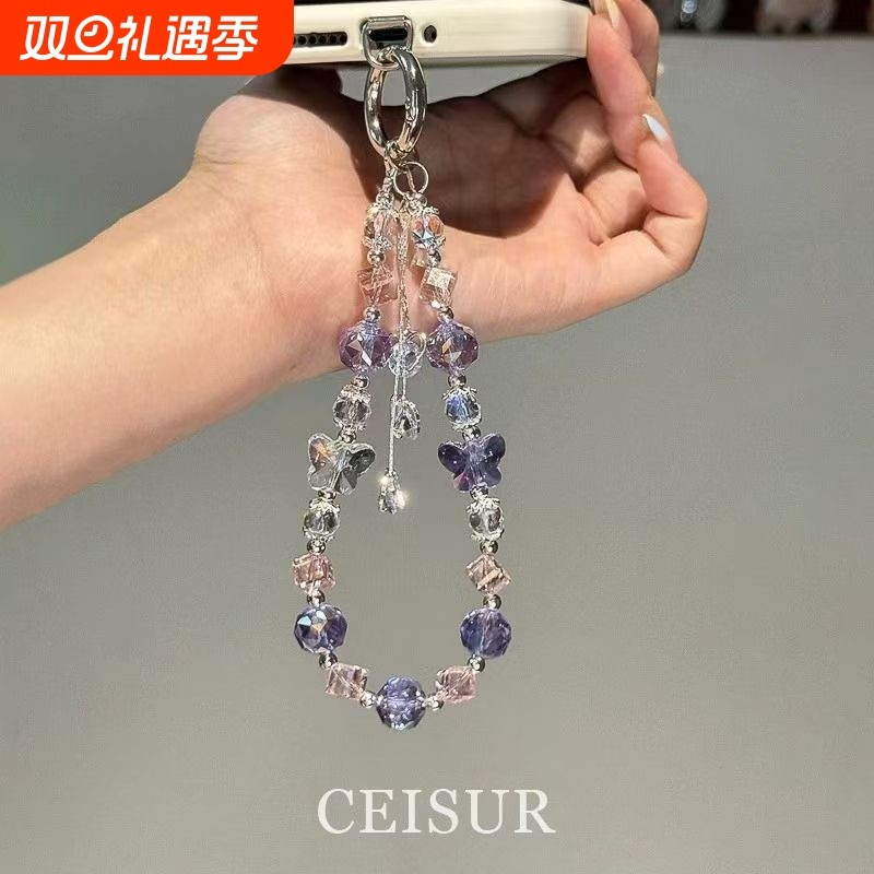 【紫韵甜心】爆闪紫色爱心流苏手机链手机挂绳小众包相机挂件发饰