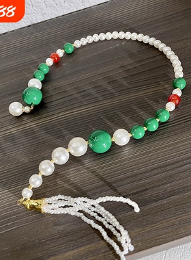 新中式国潮绿色拼接珍珠项圈女古风珍珠流苏颈链国风汉服配饰项链