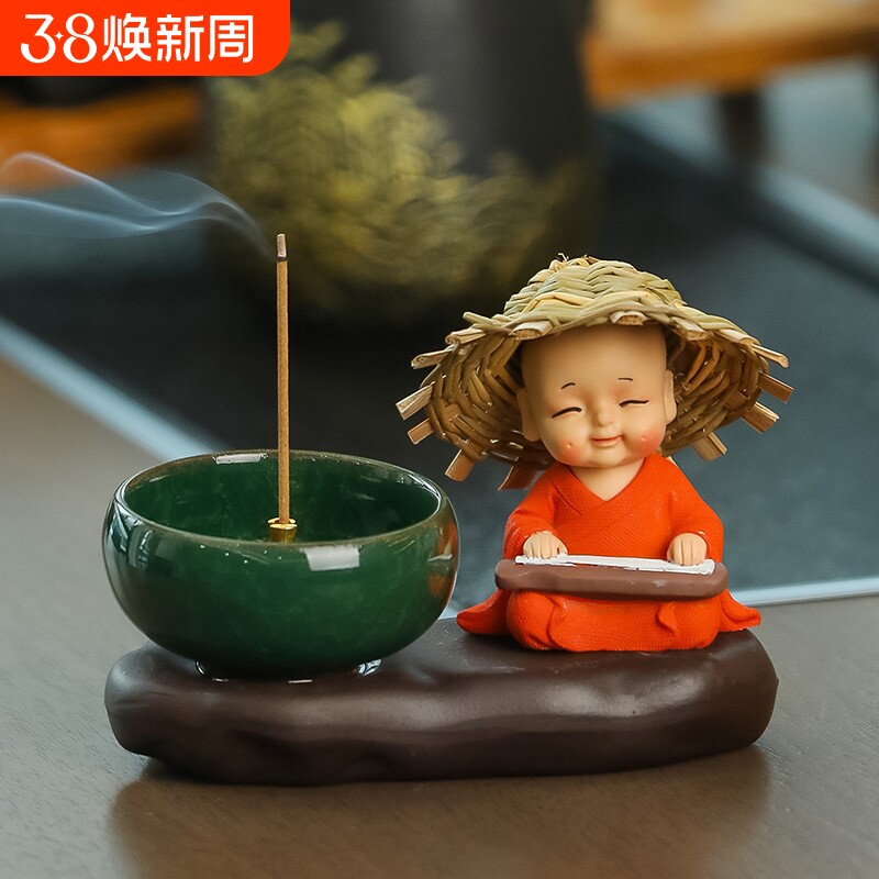 蕊杰创意可爱草帽和尚禅意香薰炉桌面摆件装饰品檀香沉香香插香坐