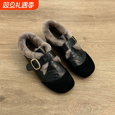 真皮羊羔毛加绒保暖深口单鞋女2025秋冬新款玛丽珍毛毛鞋乐福鞋子