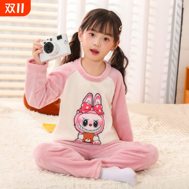 儿童睡衣法兰绒秋冬女童小女孩宝宝可爱保暖薄款家居服珊瑚绒加绒