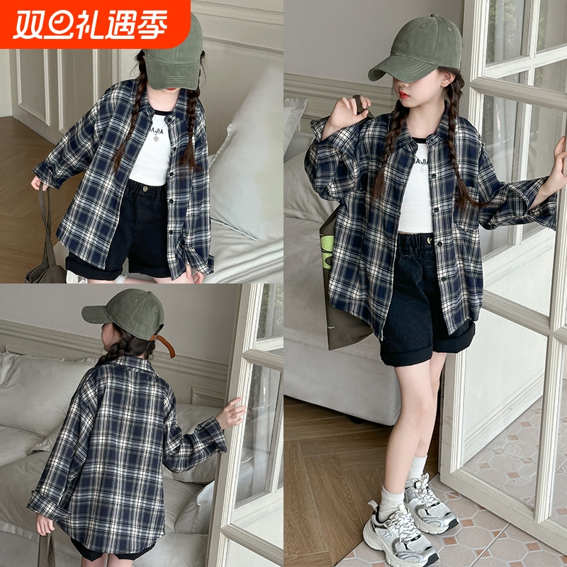 女童衬衫格子长袖2025秋季新款中大童洋气时髦薄款衬衣外套上衣潮