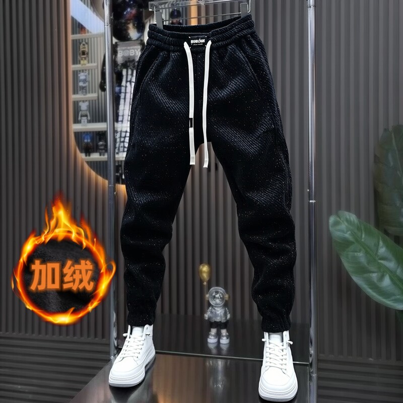 潮流秋冬男士新款加绒休闲裤加厚束脚裤百搭宽松运动卫裤男条纹