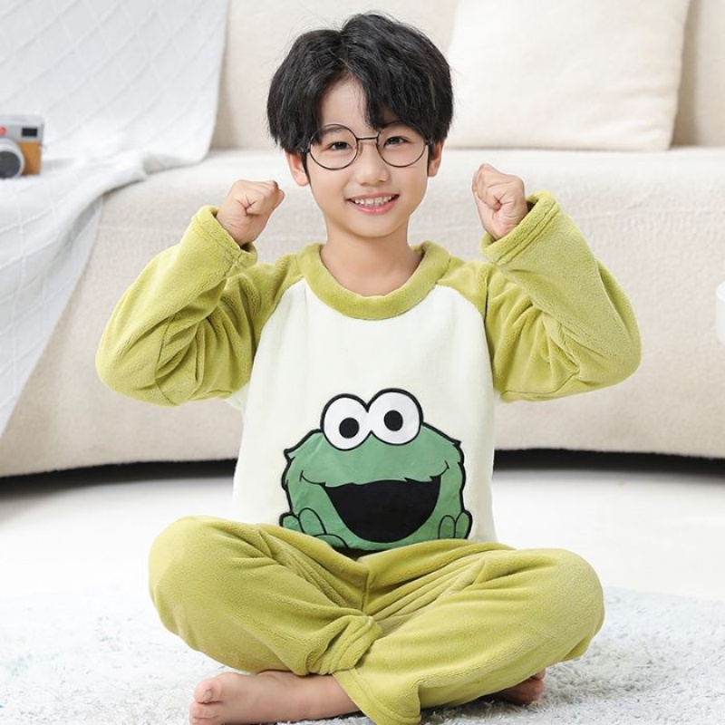 秋冬季男童法兰绒睡衣女童宝宝加厚家居服儿童珊瑚绒套装居家卡通