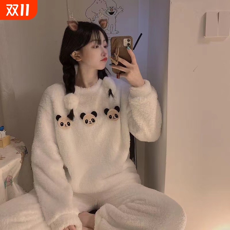 卡通甜美歪头熊同款睡衣女秋冬季珊瑚绒加厚宽松大码外贸跨境122