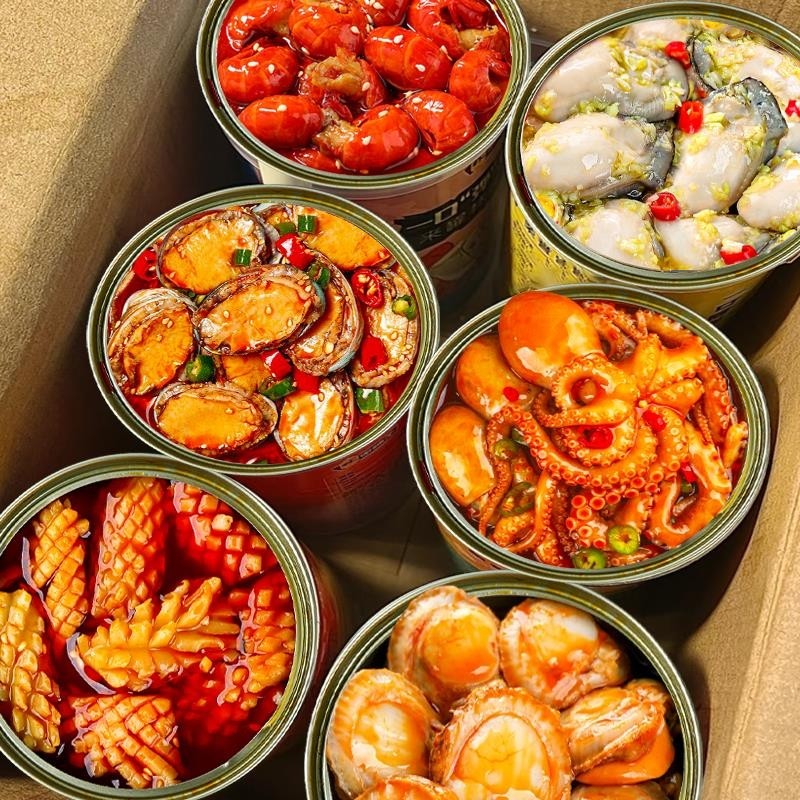 麻辣小海鲜罐头即食大罐装组合鲍鱼生蚝扇贝八爪鱼整箱年货下饭菜