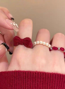 安可拉红色丝绒珍珠戒指女法式气质甜美食指戒小众轻奢高级感指环