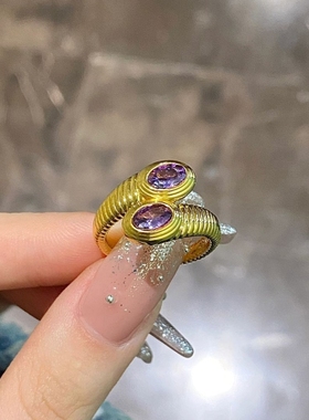 欧美时尚小众轻奢镶嵌紫色锆石开口戒指女个性设计可调节指环手饰