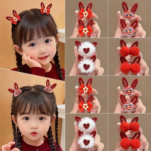 新年红色刘海小抓夹毛球醒狮蝴蝶结侧边夹发夹女儿童过年头饰发卡