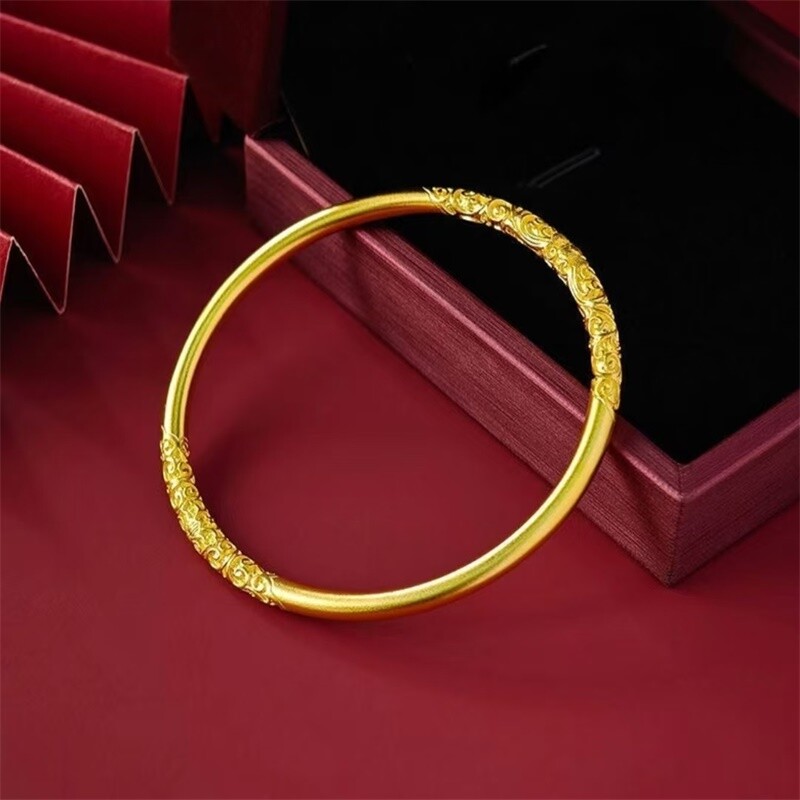 仿真黄金色卷草纹古法传承沙金素圈手镯女款实心手环闺蜜女友礼物