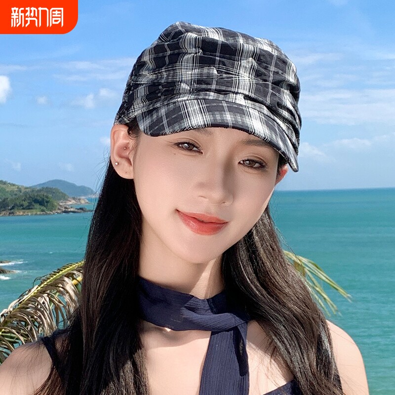 春夏季复古格子褶皱鸭舌帽轻薄透气平顶马术帽显脸小贝雷帽