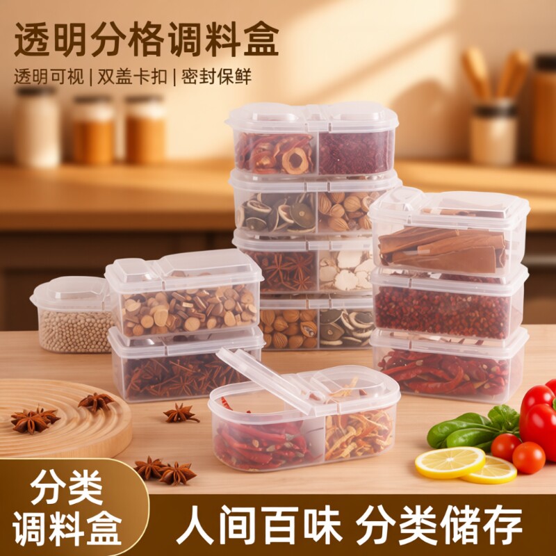厨房香料收纳盒八角桂皮花椒分格调料罐翻盖密封储物盒大料方形