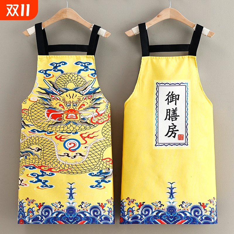 国潮风时尚新款帆布围裙东北大花围腰家用做饭餐饮防油工作服耐脏