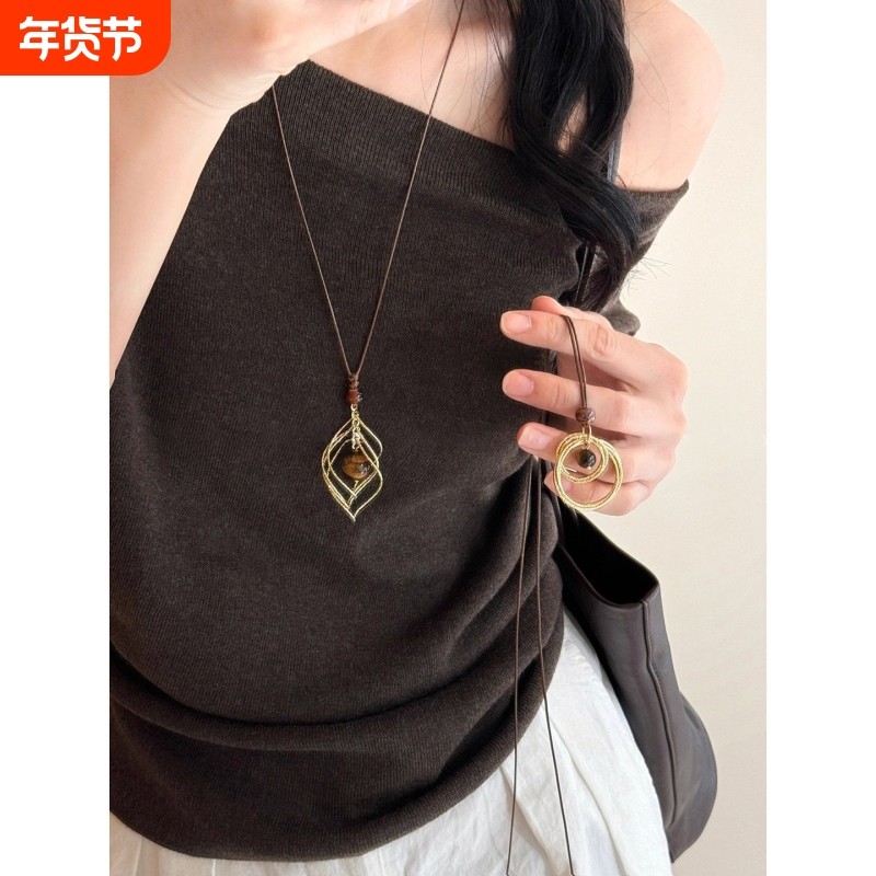 美拉德金色虎眼石长款吊坠项链女款秋冬轻奢高级感毛衣链装饰配饰