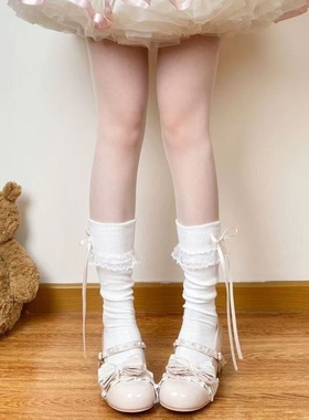 Lolita袜蕾丝白色古早娃娃墙熊熊墙日系秋冬中筒袜蝴蝶结洛丽塔