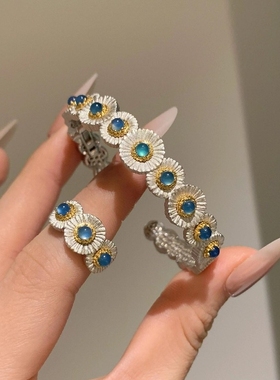 925Vintage法式复古蓝色玉髓小雏菊戒指小众设计精致中古风手饰