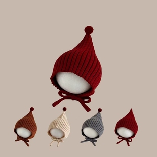 婴儿红色帽子宝宝秋冬季可爱精灵帽保暖针织小红帽毛线帽护耳灰色