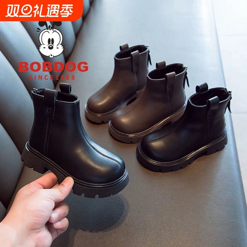 巴布豆真皮女童靴子2025秋冬新款儿童短靴加绒马丁靴百搭大棉靴潮