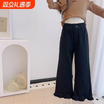 女孩韩版休闲木耳边弹力微喇叭裤