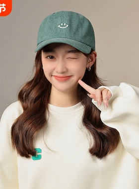 【HOT】笑脸压胶棒球帽韩国ins水洗软顶绿色鸭舌帽显脸小春秋男士