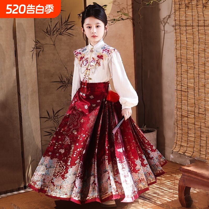 中国风女童马面裙套装改良古风小女孩唐装儿童国学服汉服春款红色