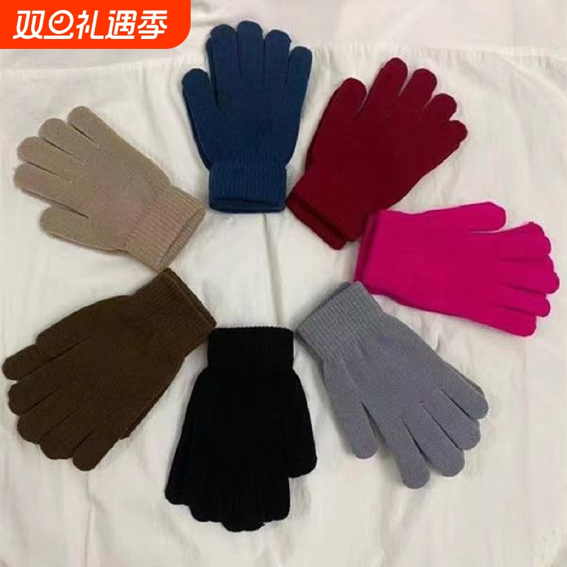 防寒针织手套男女士秋冬季保暖劳保加厚五指红色灰色纯色黑色蓝色
