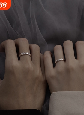 新款S925纯银连理枝情侣戒指一对小众设计可调节男女开口对戒批发