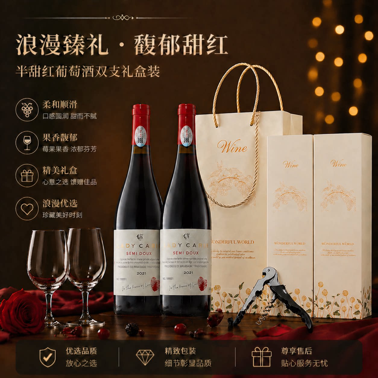 法国进口赤霞珠红酒半甜红葡萄酒礼盒装原酒甜型国产奶油珍藏夫人