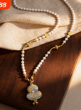 蓝色宋锦新中式葫芦项链穿搭配饰国风珍珠女长款品质饰品非遗毛衣