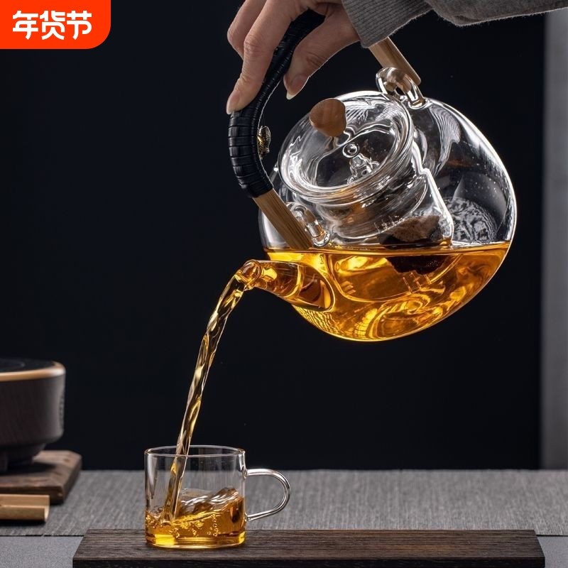 加厚玻璃壶竹把提梁煮茶壶家用耐高温水壶电陶炉过滤茶具壶防溢,餐饮具,茶壶,淘宝优惠券,粉丝福利购,淘宝优惠卷