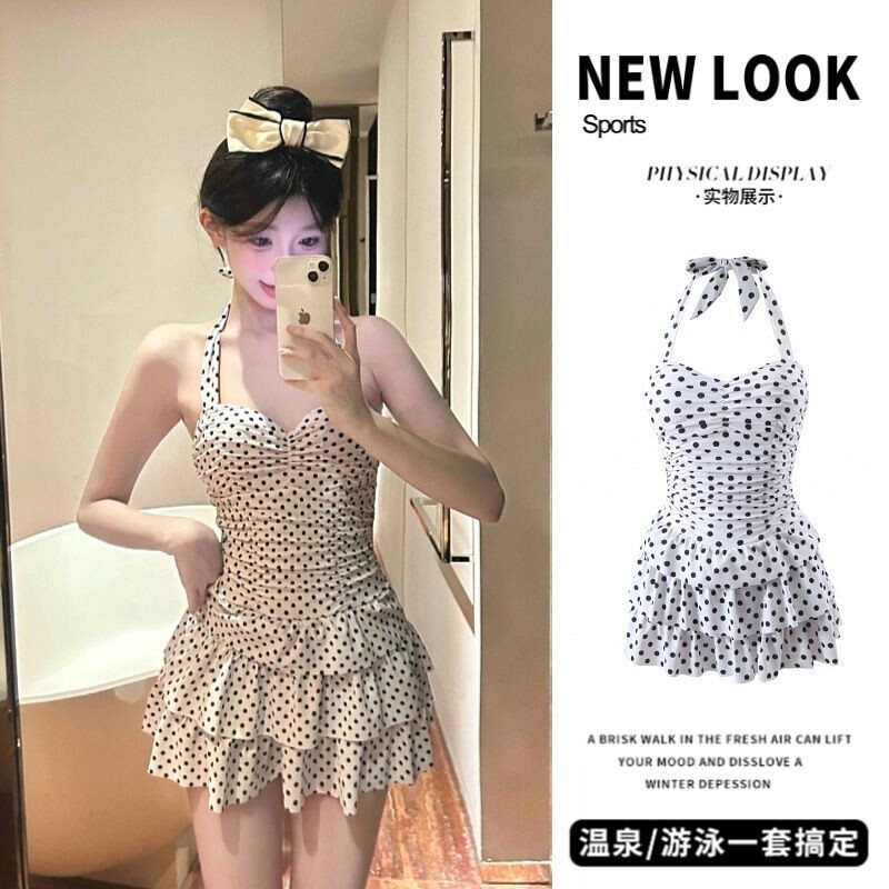 新款挂脖裙式泳衣女波点纯欲风波点温泉露背显瘦性感海边游泳装