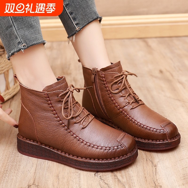 他她女孩牛筋底马丁靴女冬季新款真皮妈妈棉鞋女平底短靴加绒圆头