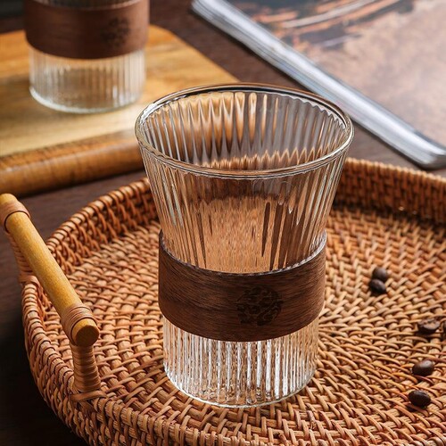 日式竖纹耐热玻璃水杯泡茶杯手冲挂耳咖啡杯单杯+高档木柄