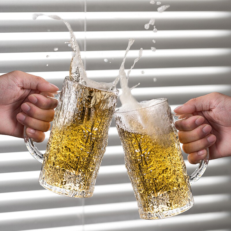 冰川玻璃啤酒杯大容量扎啤杯加厚带把收水杯精酿商用KTV酒吧酒杯