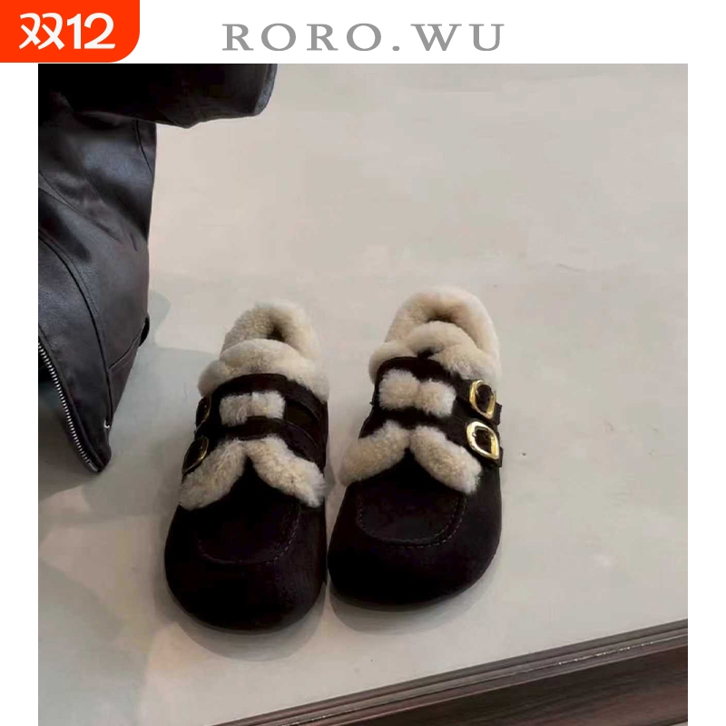 娆娆吴皮带扣一脚蹬外穿拖鞋女秋冬新款半包毛毛博肯鞋女单鞋E07