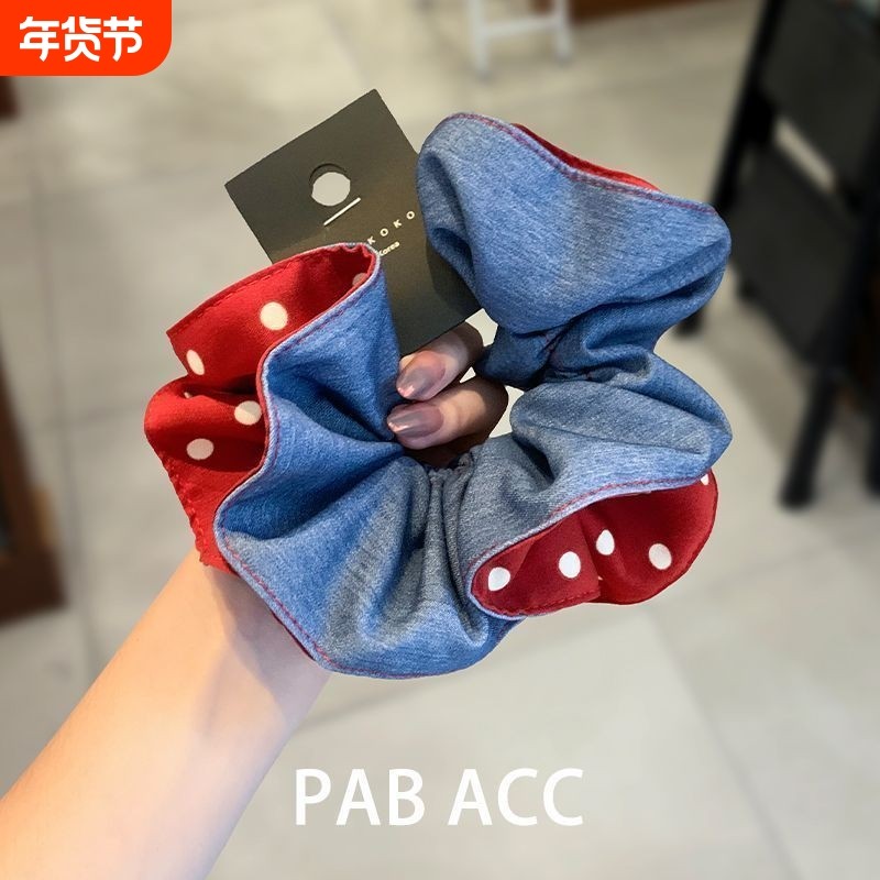 法式复古时尚波点蓝色牛仔布艺大肠圈头绳百搭淑女马尾发圈双层