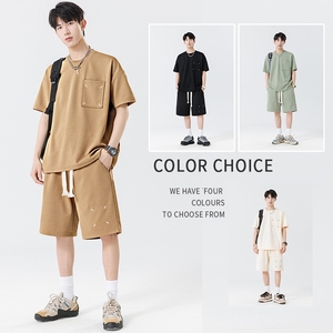 冰丝休闲套装男夏季篮球运动服青少年短袖短裤一套帅气搭配两件套