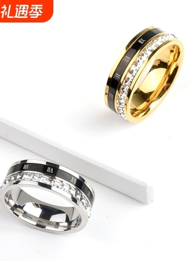 戒指个性风潮不锈钢罗马数字可转动单排方钻网红风男女气质食指环