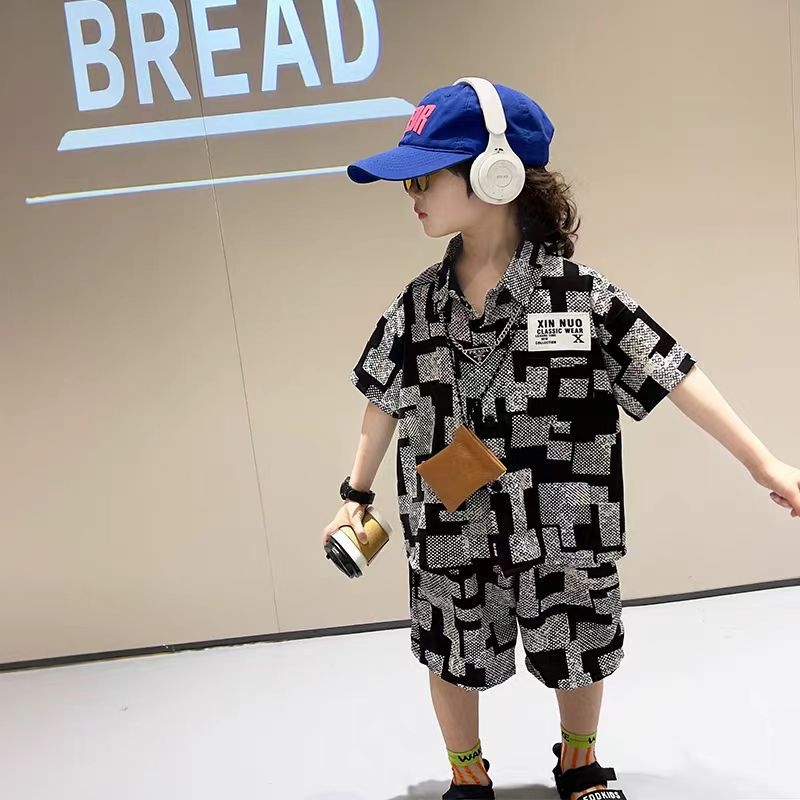 炸街童装男童衬衫套装2025新款潮夏季中大童薄款雪纺短袖酷帅