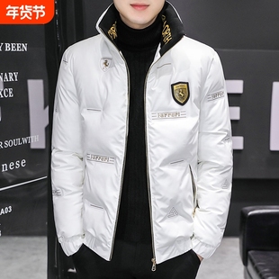 户外潮牌立领短款羽绒服男冬季加厚保暖亮面棉服外套白色黑色绿色