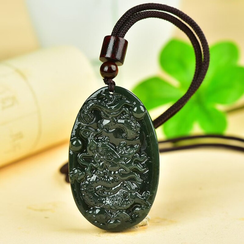 新疆和田玉青玉龙腾盛世牌子吊坠真玉石龙牌男女颈饰项链带证书