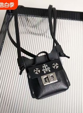 黑色长款皮革包包十字架项链女时尚个性放耳机口红挂脖斜挎毛衣链