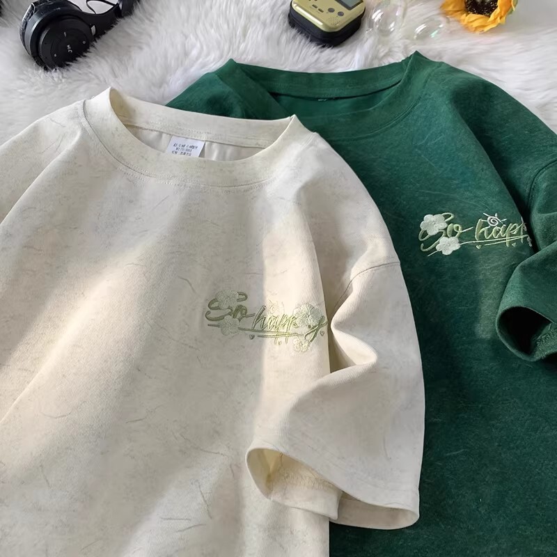 冰丝t恤男短袖夏季薄款美式潮牌刺绣青少年半袖体恤T白色黑色绿色