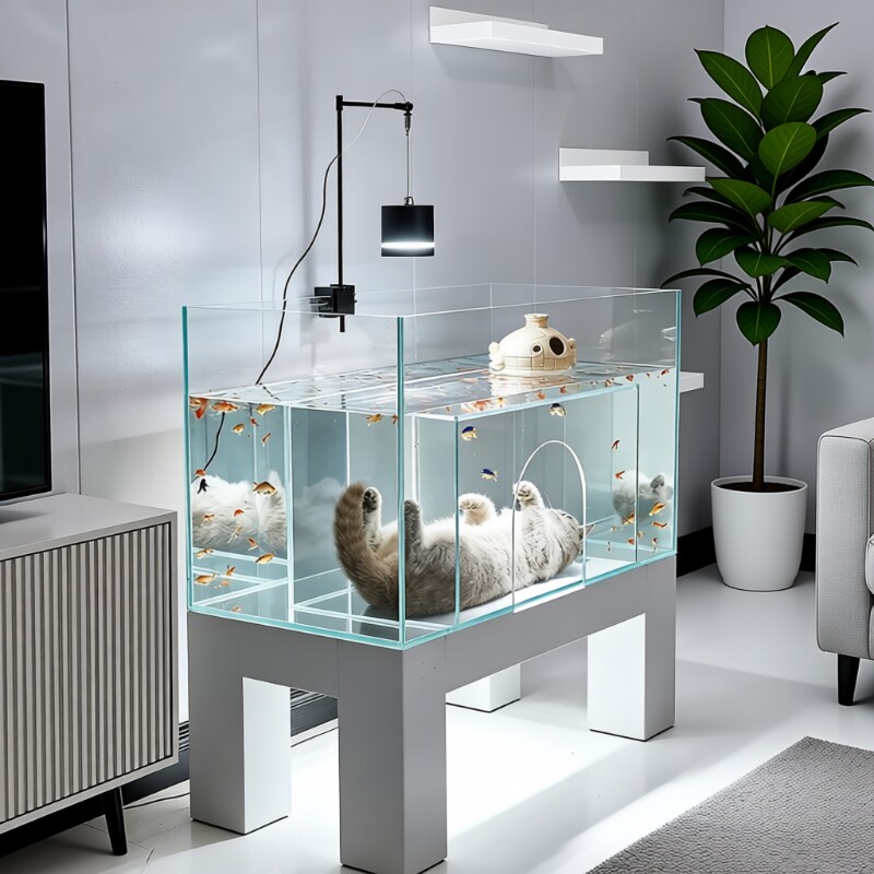 鱼缸猫窝鱼缸一体猫咪海景房观赏鱼缸猫咪住进鱼缸家用小型超白缸