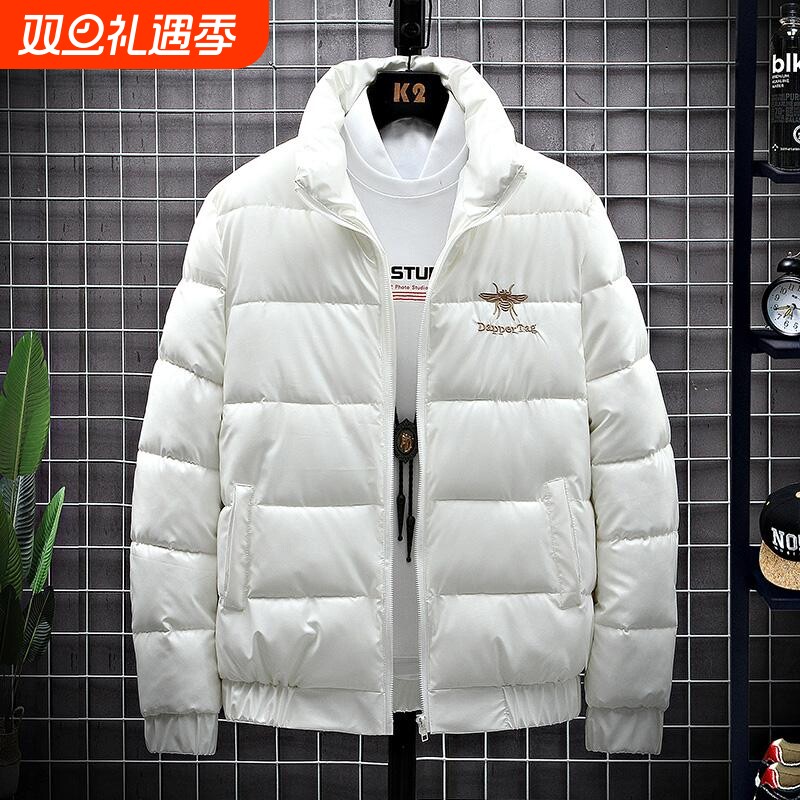 户外短款立领羽绒服男冬季刺绣面包服休闲百搭亮皮免洗黑色白色