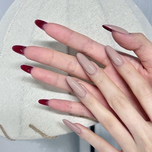 卡佩尔穿戴甲手工酒红裸色显白简约美甲成品甲贴椭圆扁平长尖