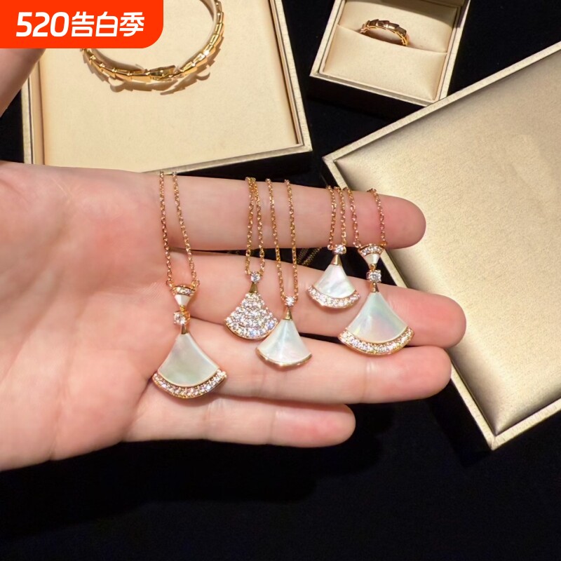 高定品质扇形小裙子项链女纯银镀18K黑玛瑙白贝母大扇子玫瑰金