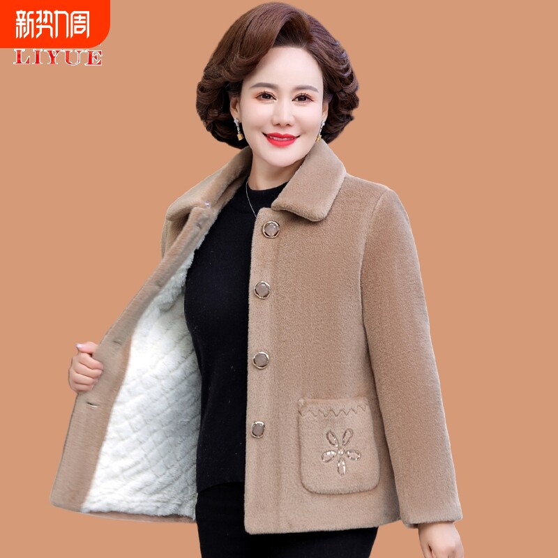 妈妈冬装加绒加厚水貂绒棉衣外套小个子中老年女短款翻领毛呢大衣